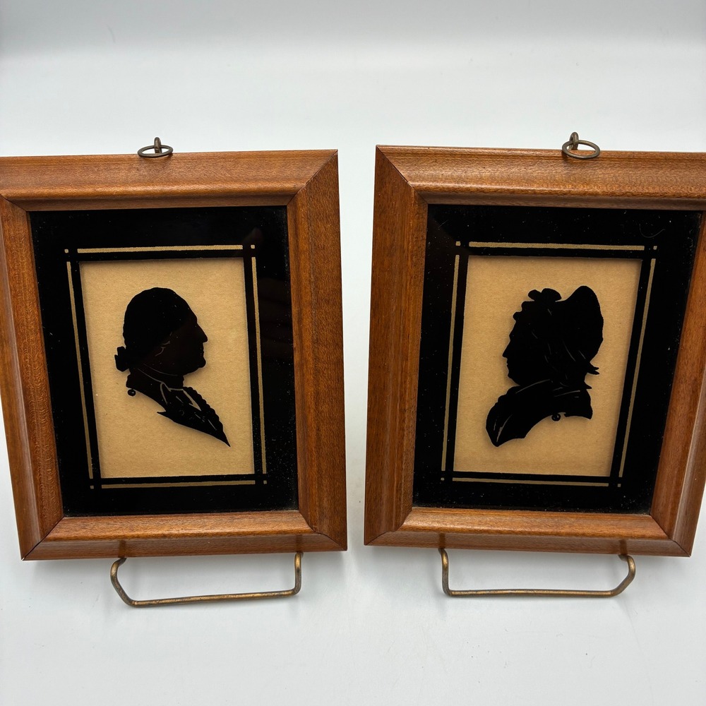 Vintage George and Martha Washington Silhouette Portrait Set Wood Frames Art